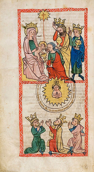 Anbetung der Könige aus der Handschrift "Speculum Humanae Salvationis" gefunden bei Wikimedia-Commons